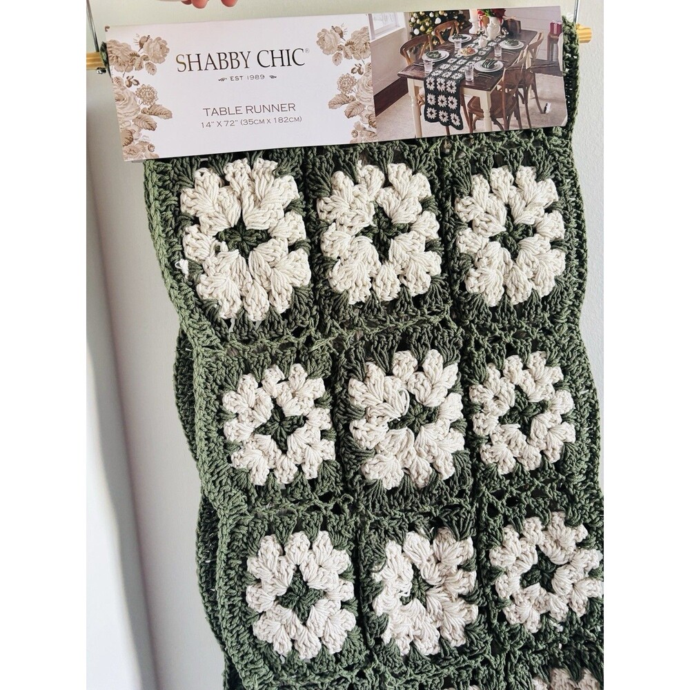 Shabby Chic Crochet Granny Square Table Runner 14 x 72 Green Cream Farmhouse NWT
